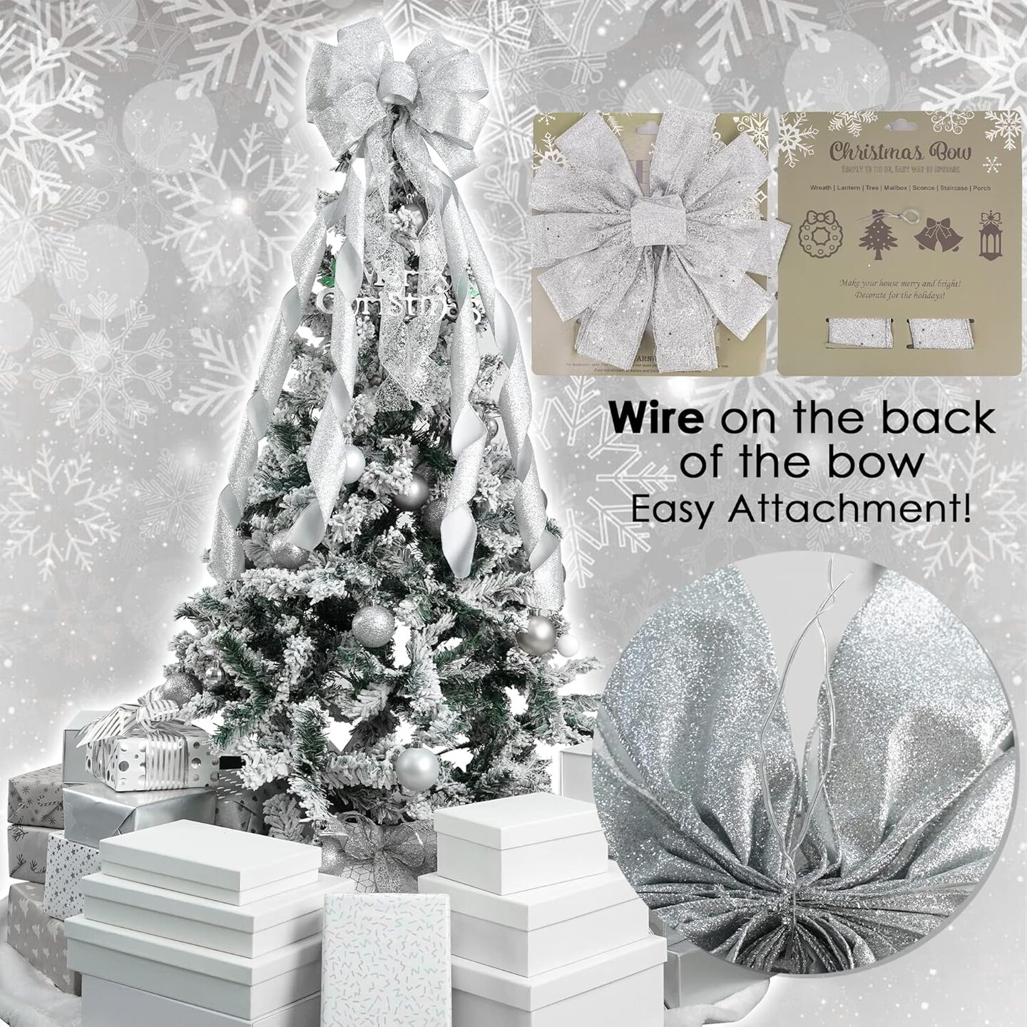 Silver Christmas Tree Topper Silver Glitter Christmas Bows 12&#x22; Wide Snowflake Ribbon Bow Silver Christmas Bows Silver Tree Topper Silver Bows for Christmas Tree (1 Pack)