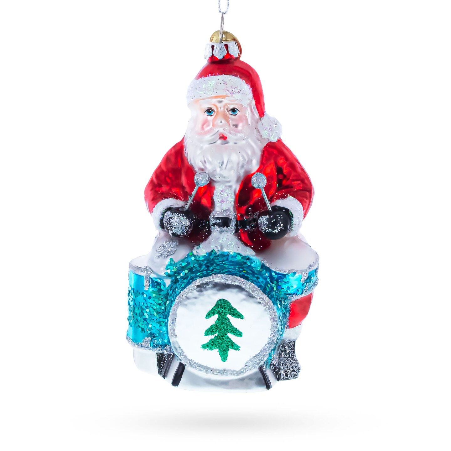 Santa Playing Drums Blown Glass Christmas Ornament