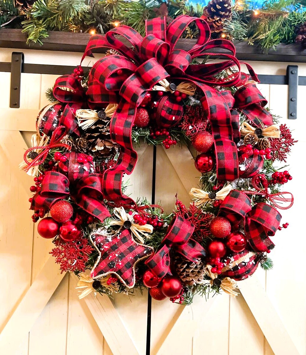 Buffalo Check Christmas Wreath, Plaid, Red Black Woodland