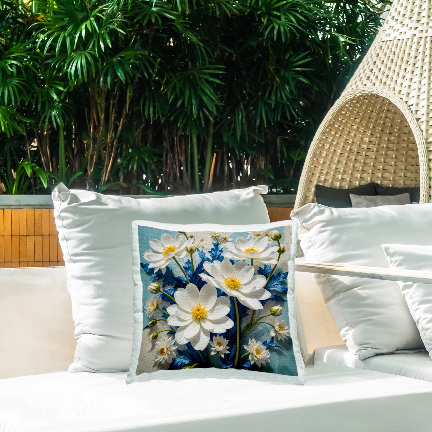 Magnolias &#x26; Blue Florals Outdoor Printed Pillow Design by Yuri Khrushch, 18 x 7 x 18