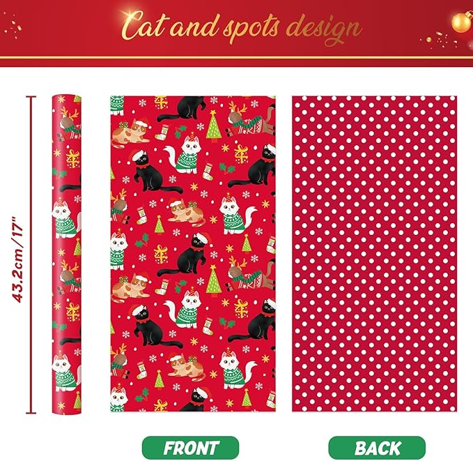 - 1 Roll 17” x 33 ft Kitty Red Kids Christmas Wrapping Paper Birthday Party Gift Funny Christmas Wrap Decoration Polka Dot