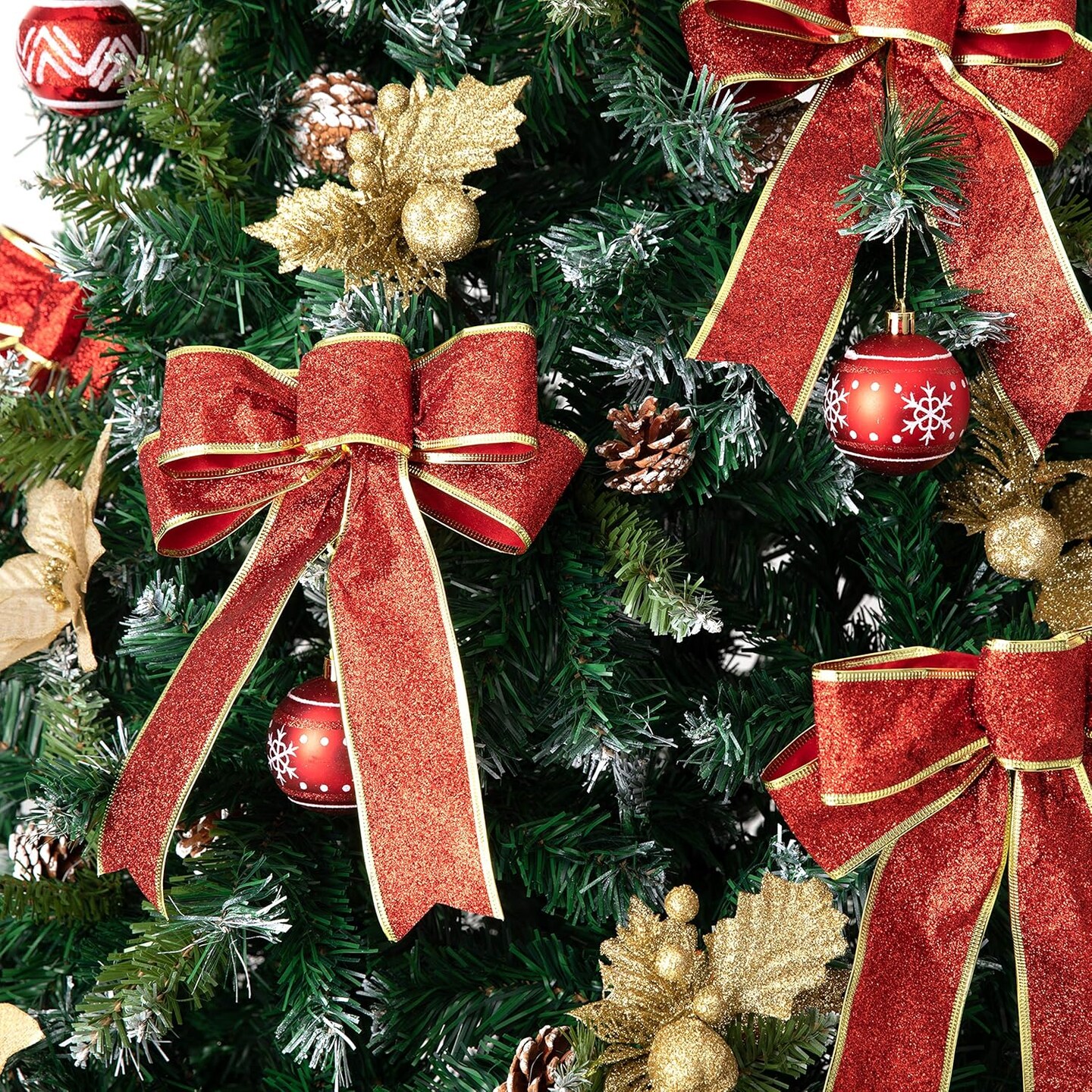 12 Pieces Glitter Christmas Bows Christmas Wreath Bow Christmas Tree Ornaments Bows for Christmas Party Decoration (Gold &#x26; Red New)