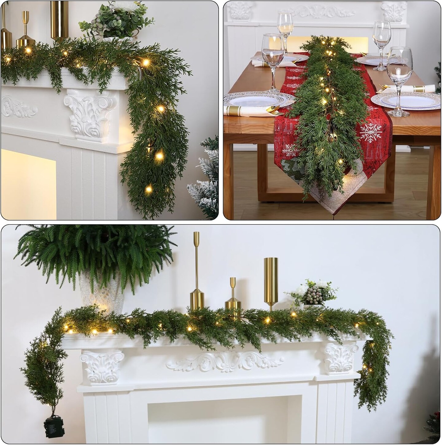 6.2 FT Prelit Christmas Cedar Garland 2 PCS, Realistic Artificial Pine Needle Garland Faux Cypress Greenery Garland with 20 Lights for Christmas Table Mantle Wall Room Outdoor Indoor Winter Decoration