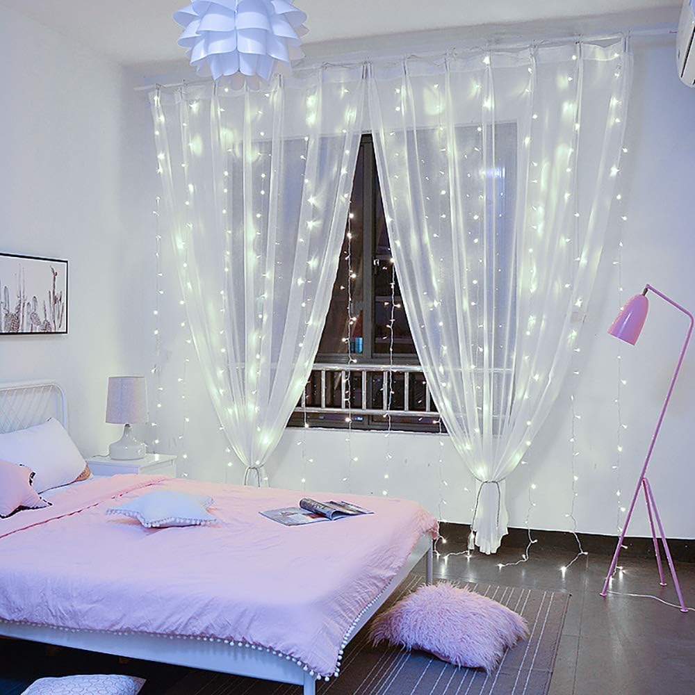 String Lights Curtain,USB Powered Fairy Lights for Bedroom Wall Party,8 Modes &#x26; IP64 Waterproof Ideal for Outdoor Wedding Decor (White,7.9Ft x 5.9Ft)
