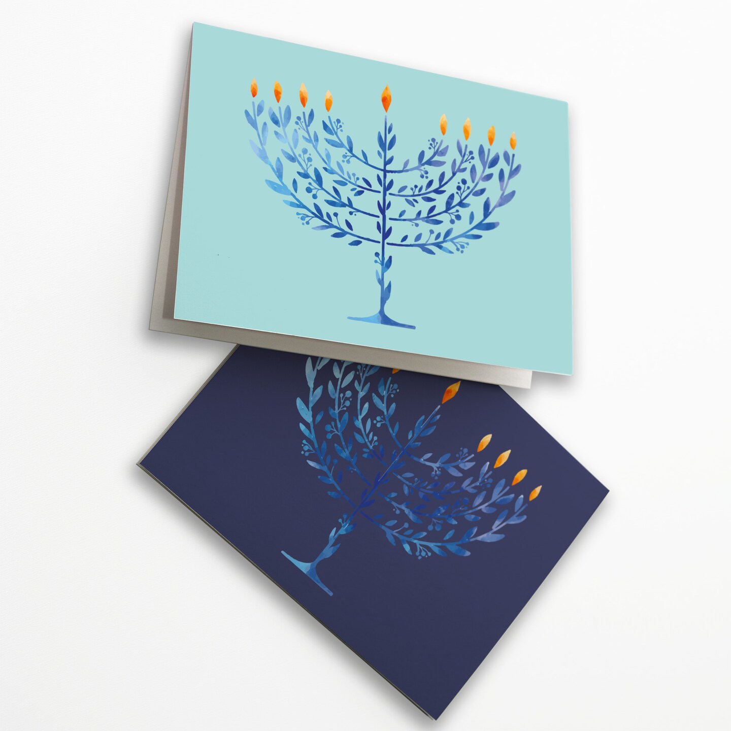 Elegant Hanukkah Greeting Cards Boxed Set – 24 Holiday Notecards Featuring Menorah Tree Designs in Blue Tones, Perfect for Thoughtful Festive Wishes