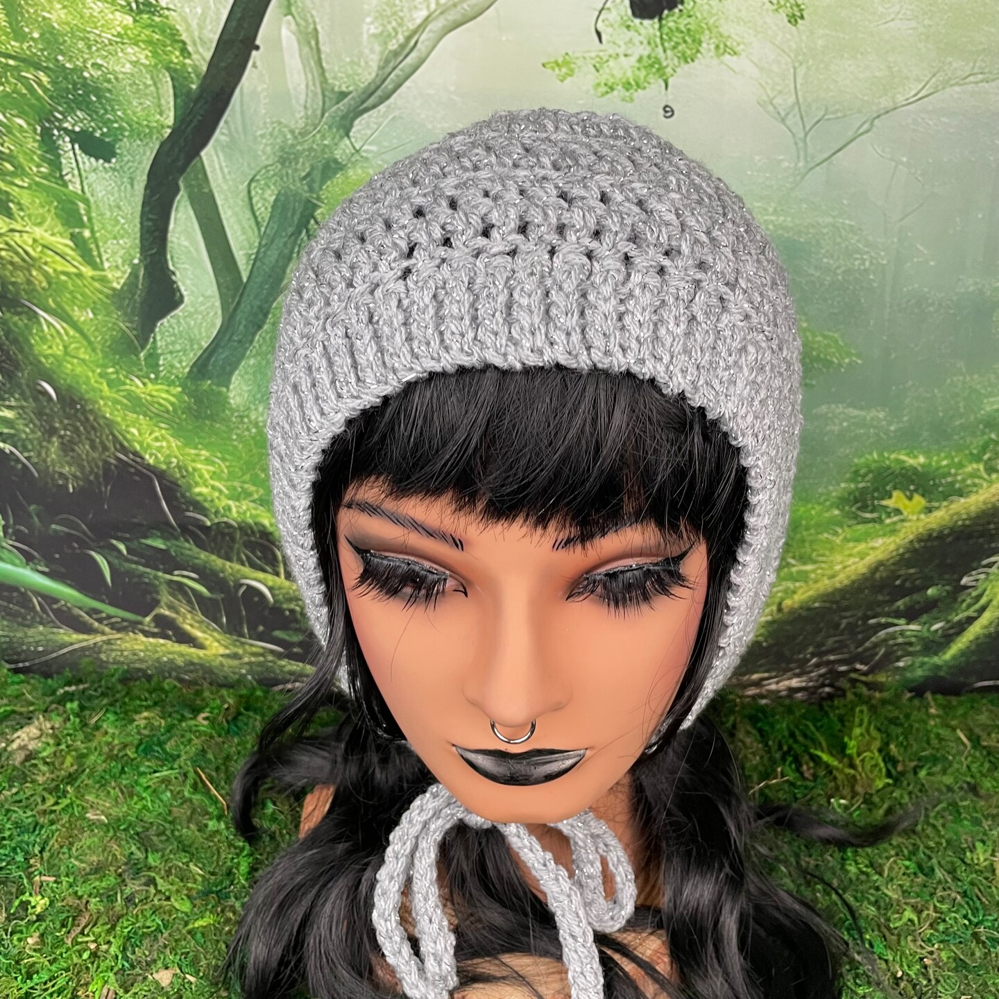 Crochet Adult Bonnet - sparkle metallic silver gray hat