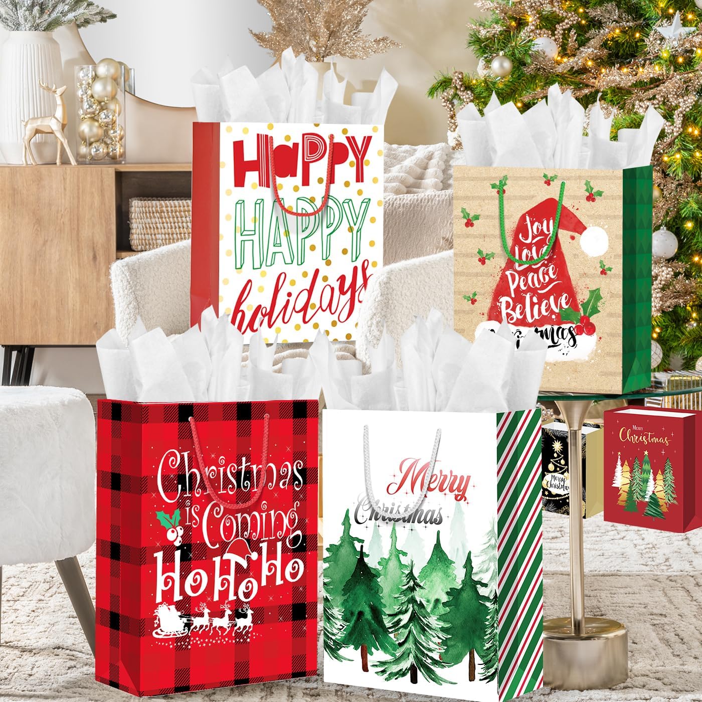 24Pack Christmas Gift Bags Assorted Sizes, Christmas Bags for Gifts Bulk, Christmas Paper Bags with Handle, Holiday Gift Bags for Christmas Presents Xmas Party(6 Jumbo,6 Large,6 Medium,6 Small)