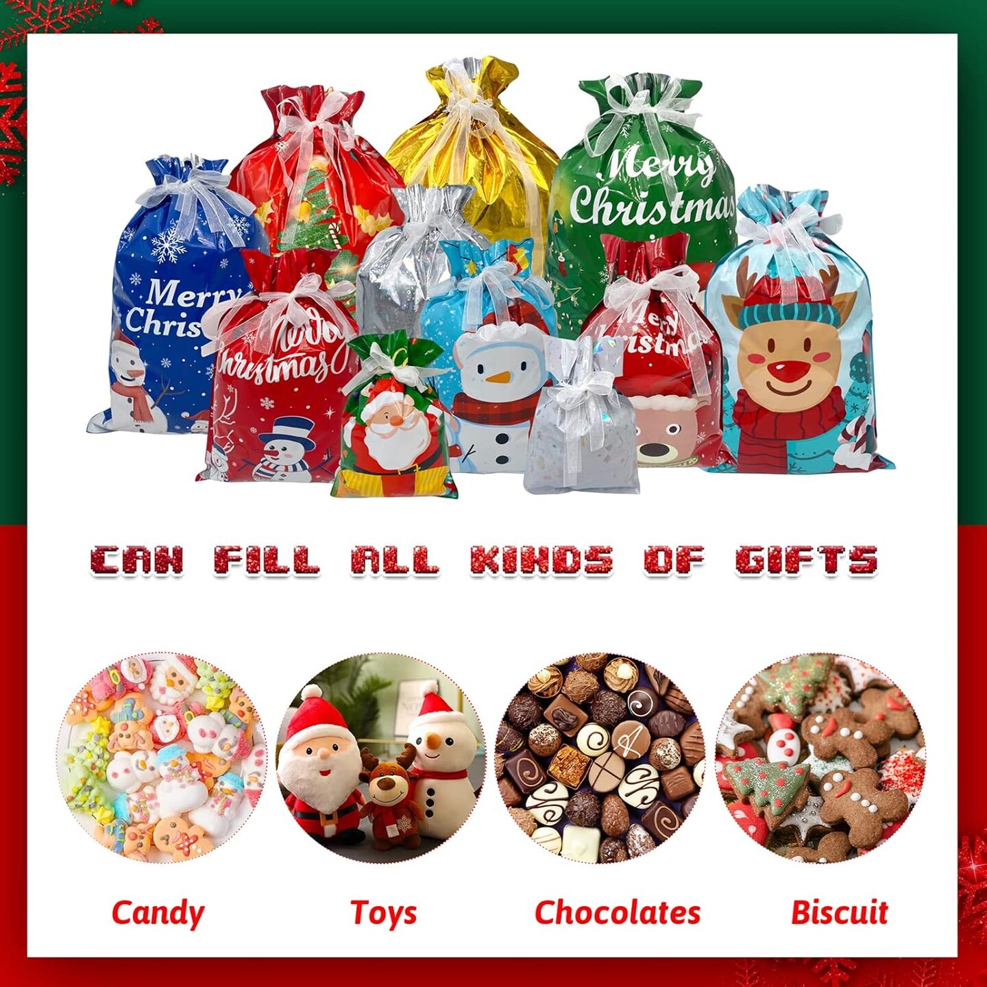 40 Pcs Christmas Gift Wrapping Bag Christmas Wrapping Bag Assorted Size Goody Bags Treat Bag for Christmas Holiday Presents Party Favor (11 Design, 6 Size)