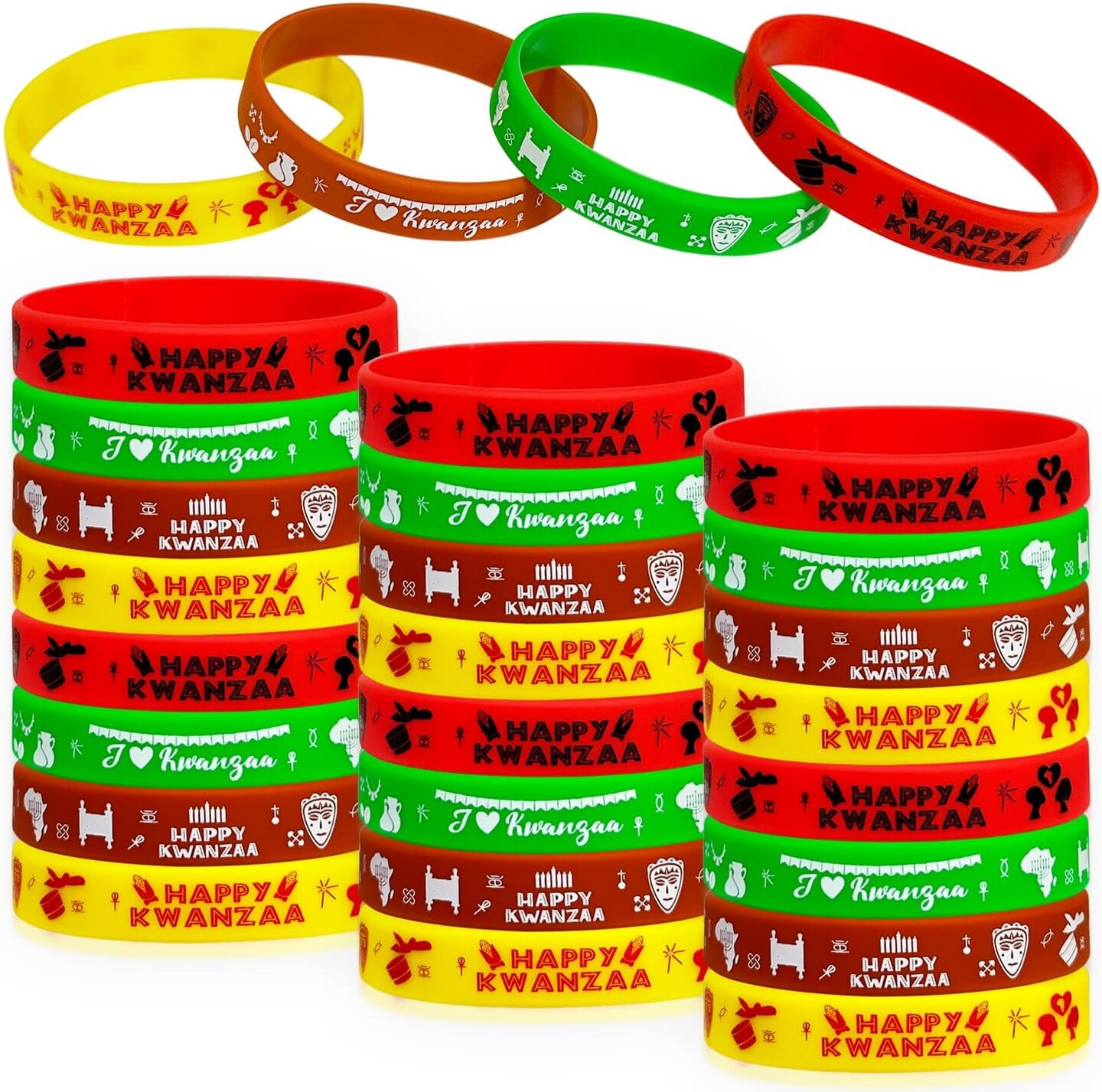 Kwanzaa Rubber Bracelets Party Supplies Happy Kwanzaa Rubber Wristbands Party Favors African Heritage Holiday Bracelets African-American Party Decoration Gift Goodie Bag Stuff Fillers - Set of 36