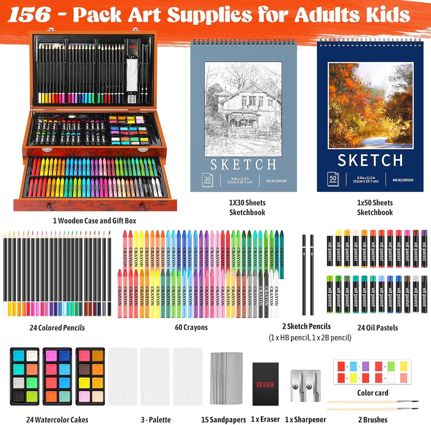 Art Supplies for Adults,156-Pack Art Kit Drawing Set with 2 Sketch Book, Crayons, Colored Pencils, Arts and Crafts, Christmas Gifts Art Supplies for Girls Boys Ages 6-8 9-12 13 14 Year Old