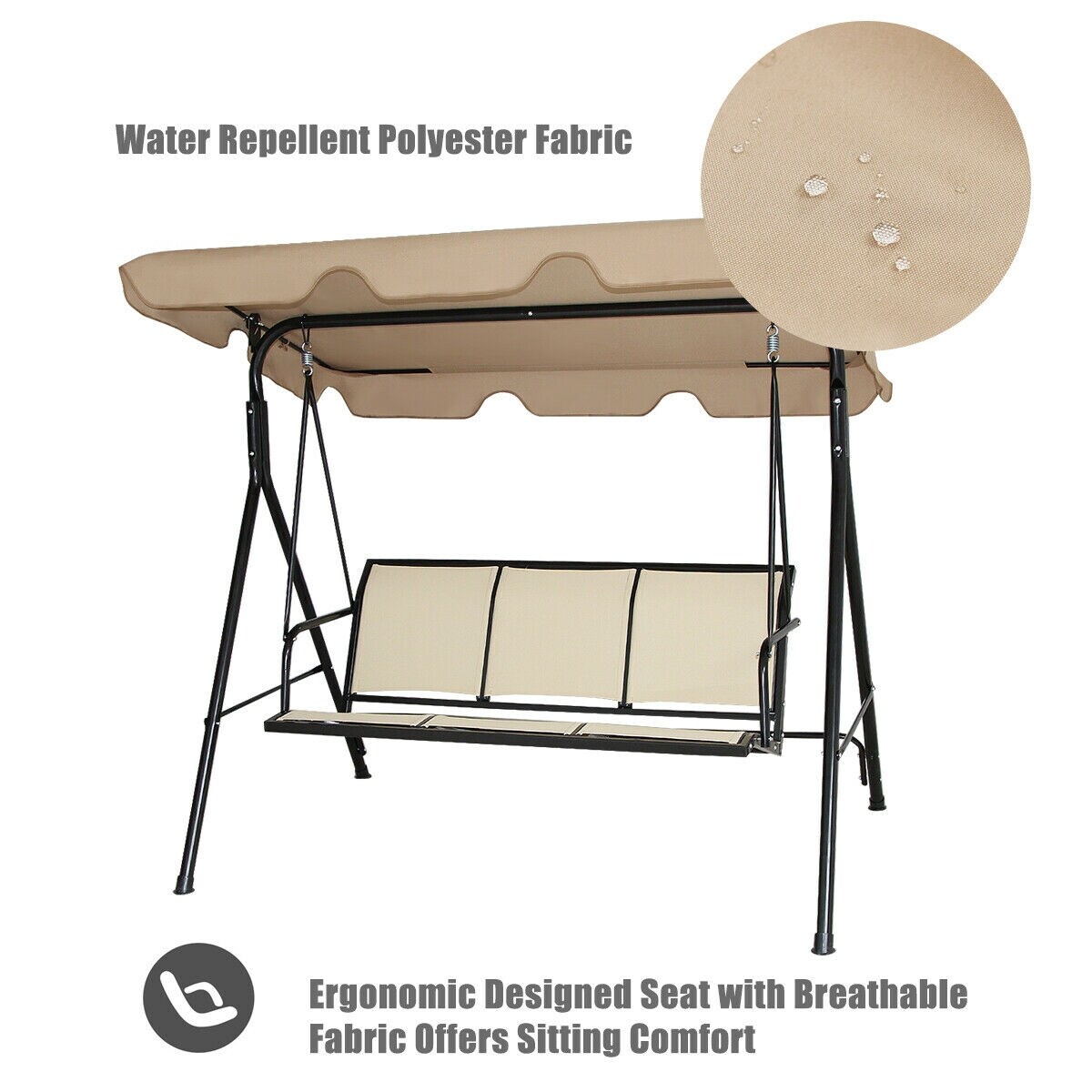 3 Person Patio Swing with Polyester Angle Adjustable Canopy
