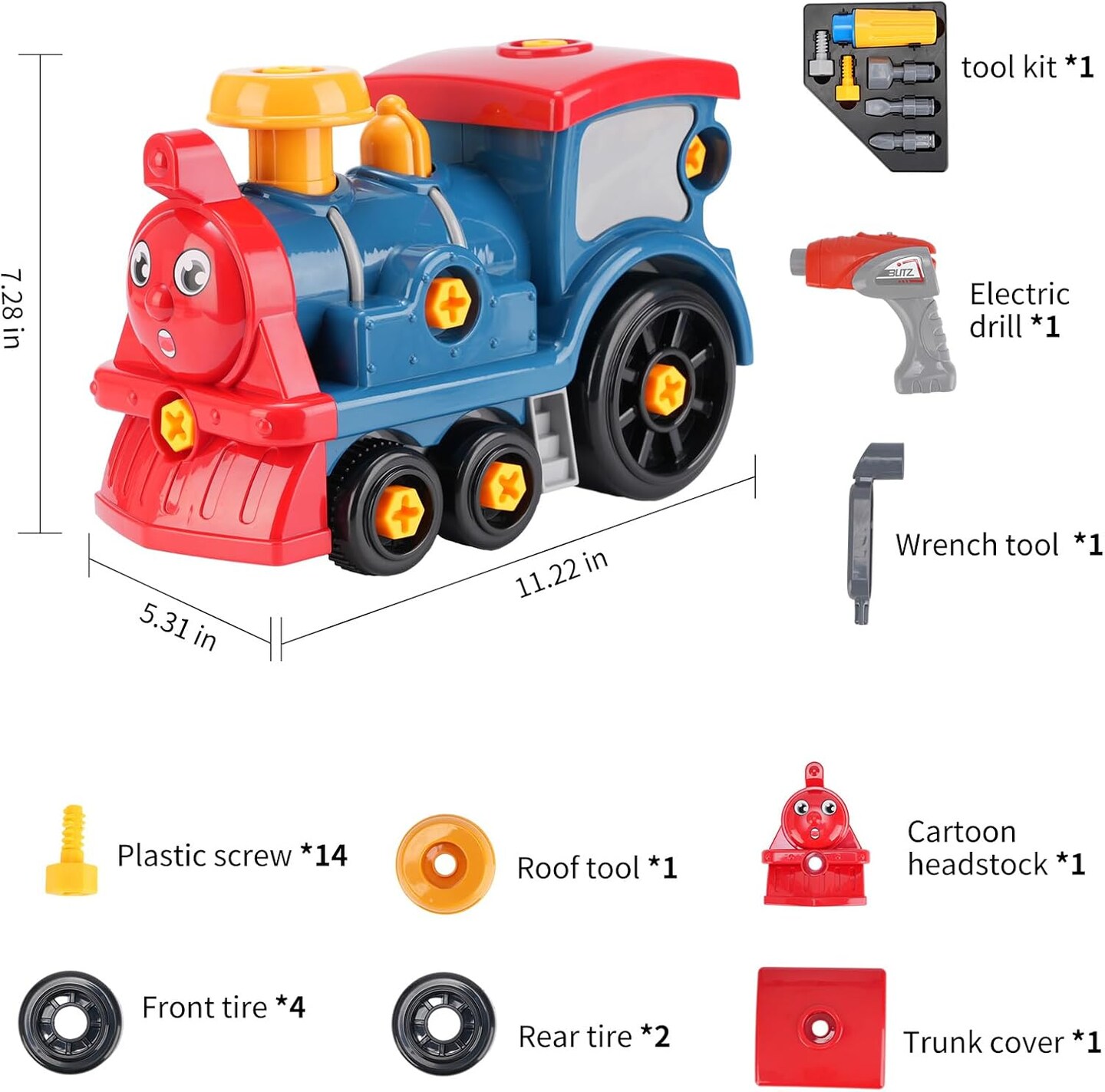 Toy Train with Electric Motor, Battery Operated Train Toys for Toddlers, Take Apart Locomotive Toys with Electric Drill, Kids Gift for Girls, Boys Ages 3+