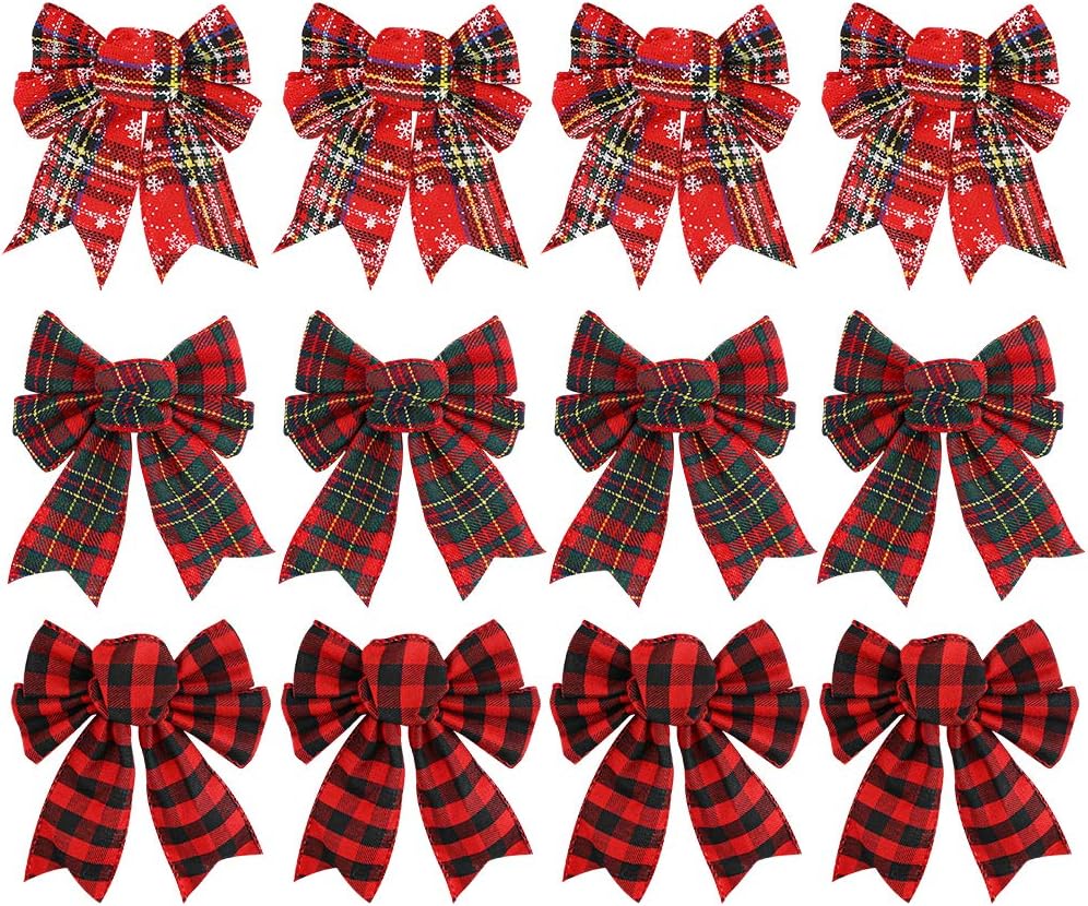 Red Buffalo Plaid Bows 12PCS Christmas Tree Bows Christmas Wreath Bow for Christmas Outdoor Decorations