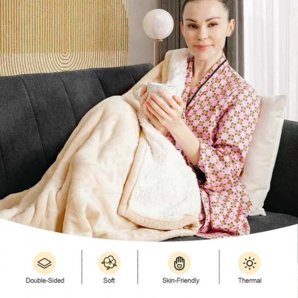 Electric Heated Throw Flannel and Sherpa Double-sided Flush Blanket