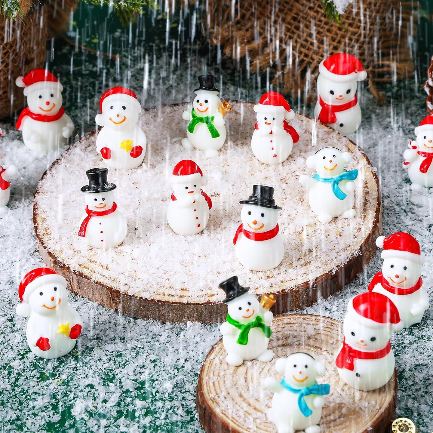 45Pcs Christmas Mini Resin Snowman 9 Styles Mini Snowman Figuriness with Hat Xmas Miniature