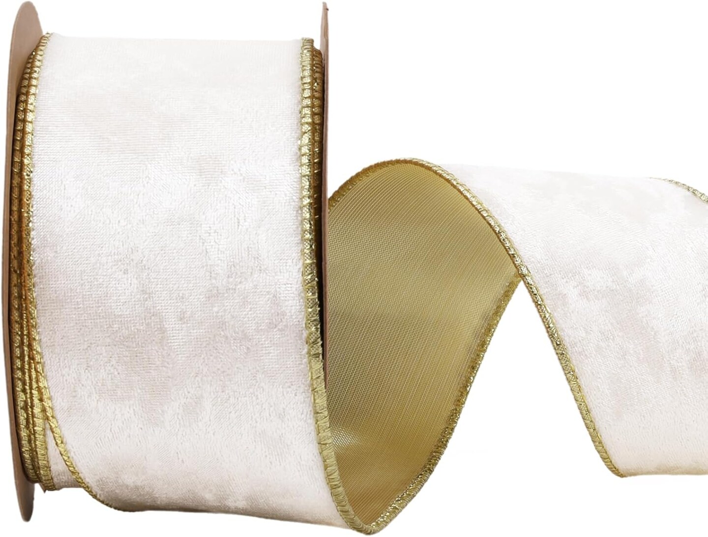 Ivory and Gold Velvet Ribbon Wired, 10 Yards 2.5 Inch Wide Double Faced Velvet Ribbon for Christmas Tree, Gift Wrapping, Wreath Bow, Outdoor Decoration