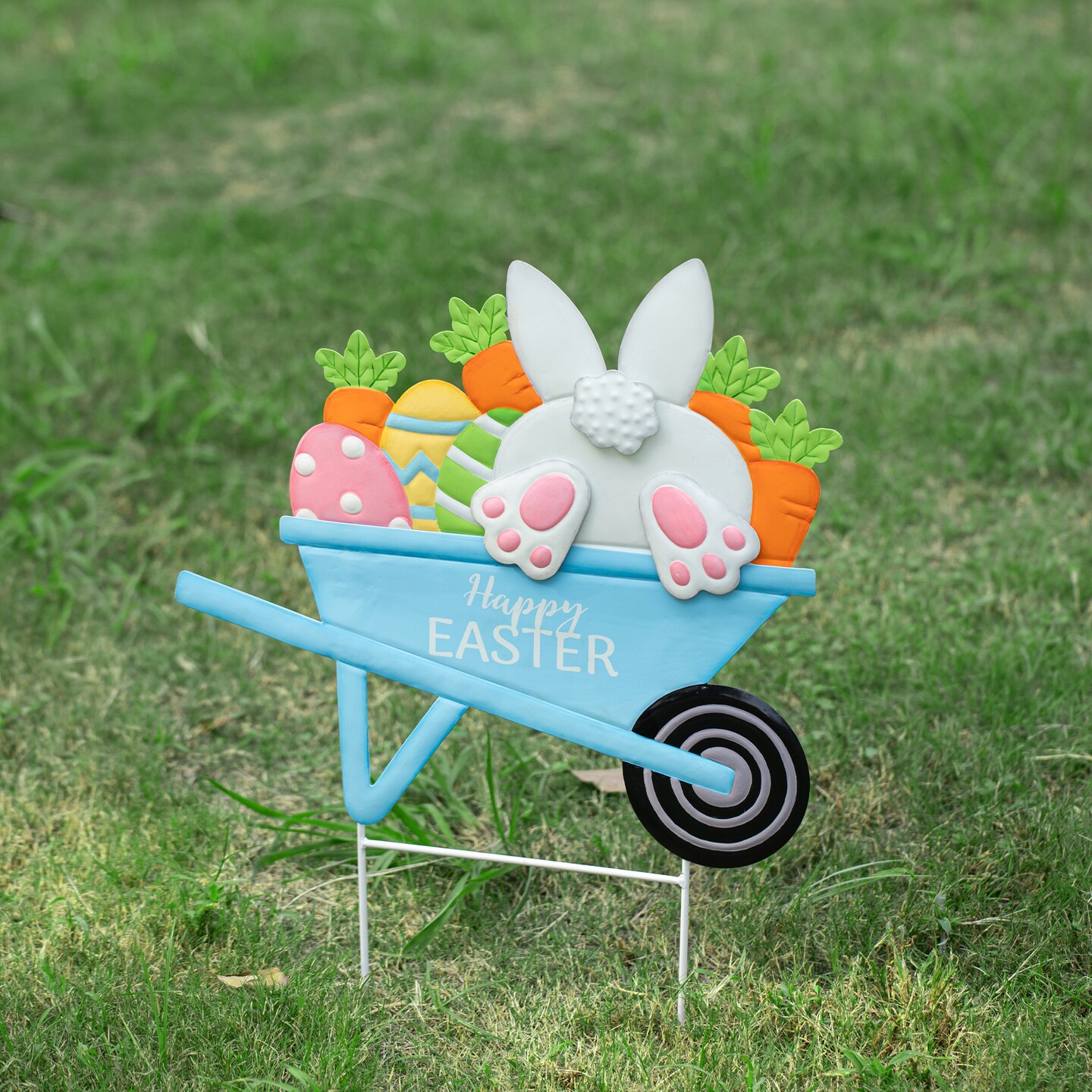 24&#x22;H Easter Metal Wheel Barrow Yard Stake(KD, Two Functions)