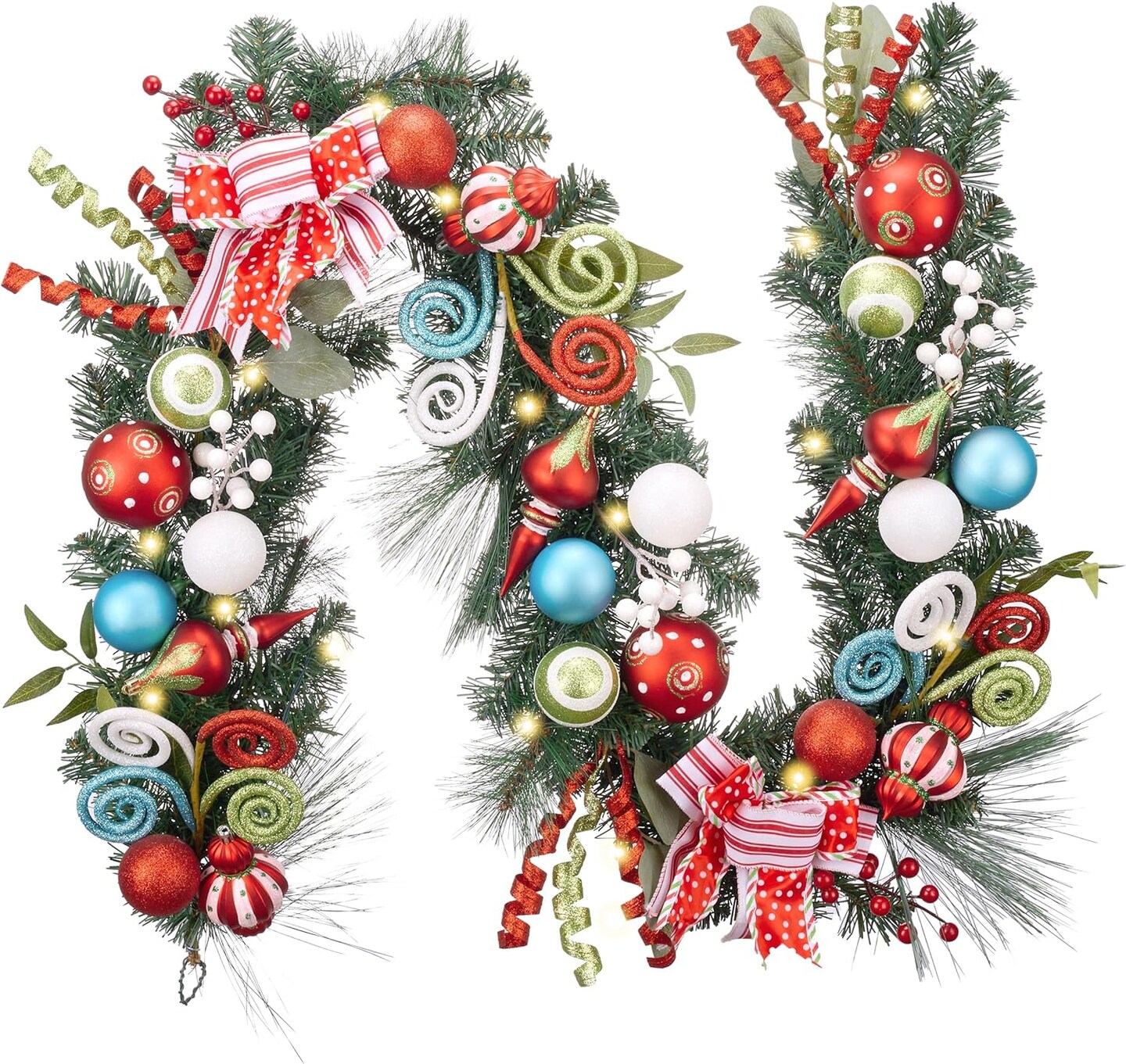 6 feet Pre-Lit Christmas Garland with Lights for Mantle, Lighted Battery Operated Elf Xmas Garland with Red Green Balls for Front Door Fireplace Table Centerpiece Outdoor Home Decor