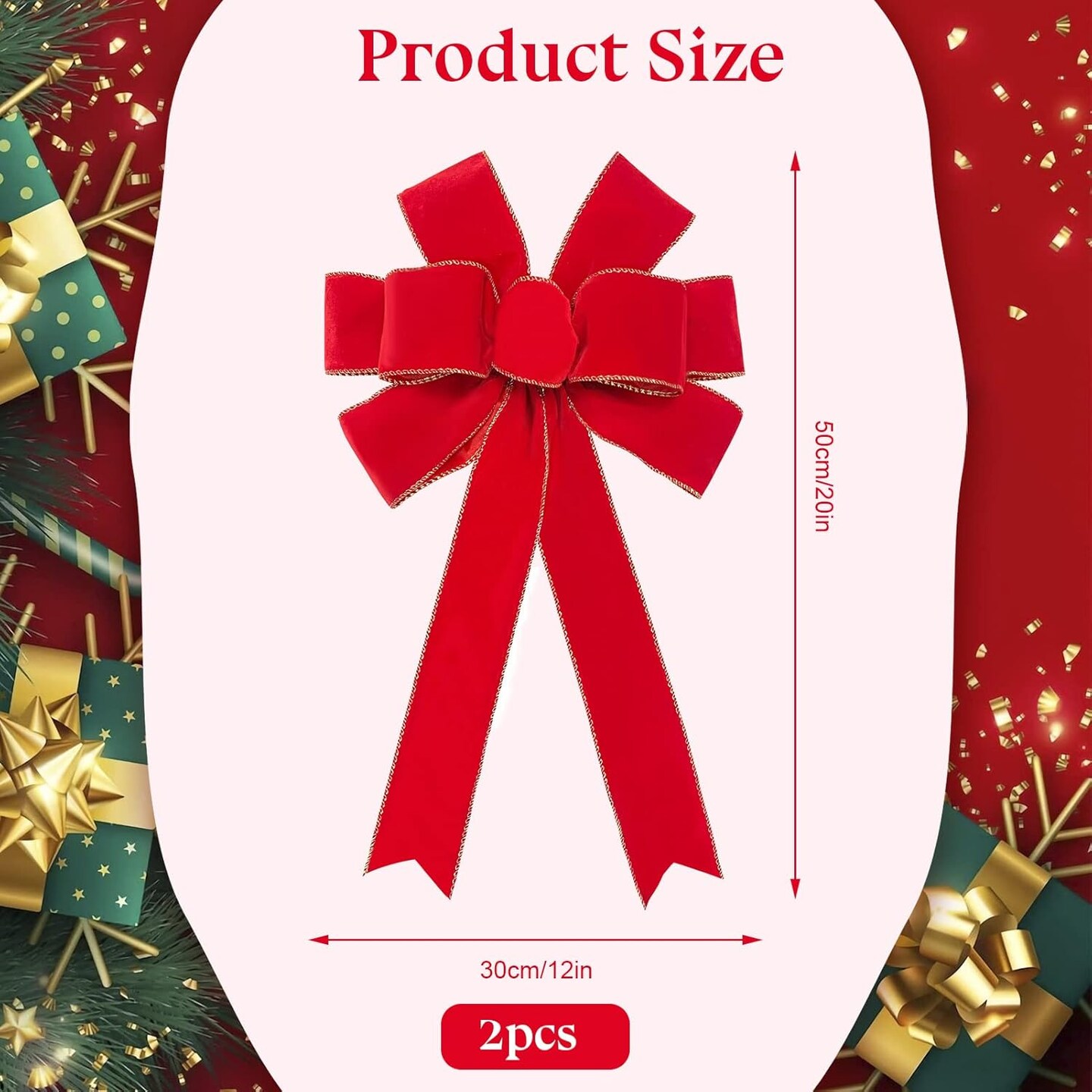Red Bows Christmas Decorations 12”X20” Big Red Velvet Ribbon Wired Decorative Bows with Glitter Gold Edge for Tree Topper, Outdoor Indoor Wreaths Stair Fence Xmas Home Front Door Decorations (2 PCS)