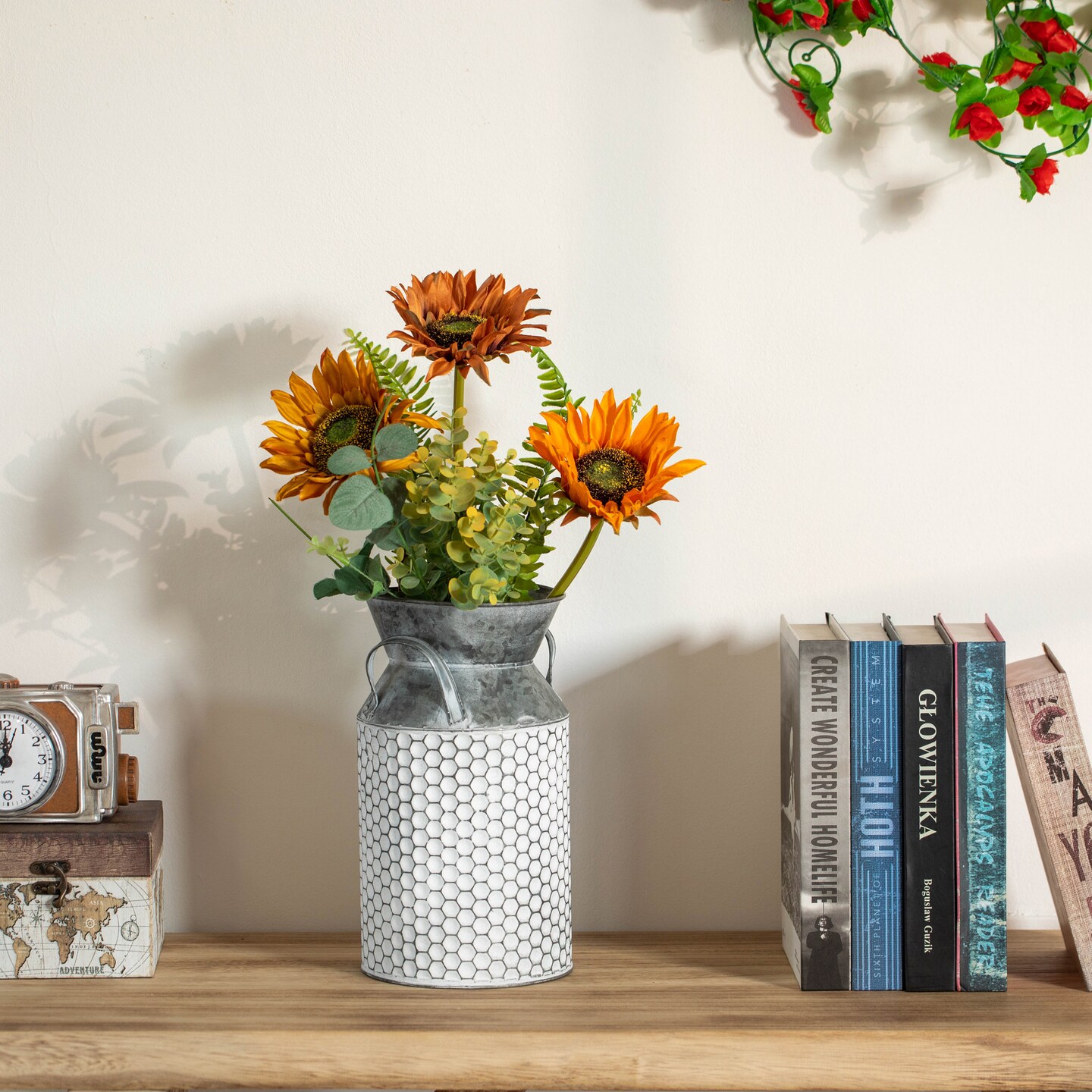 Vintiquewise 11-Inch Vintage Farmhouse Decorative Milk Bucket Vase - Rustic French Country Decor Jug with Handles for Flowers Shabby Chic Centerpiece Table Decor Garden Accent Primitive Tin Holder