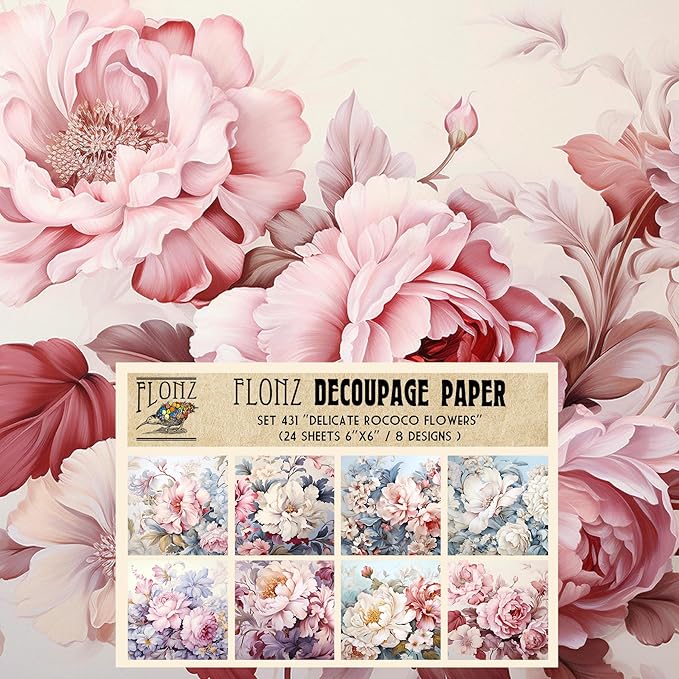 Decoupage Paper Pack (24 Sheets 6&#x22;x6&#x22;) Delicate Rococo Flowers # Vintage Styled Pattern Paper for Decoupage, Craft and Scrapbooking