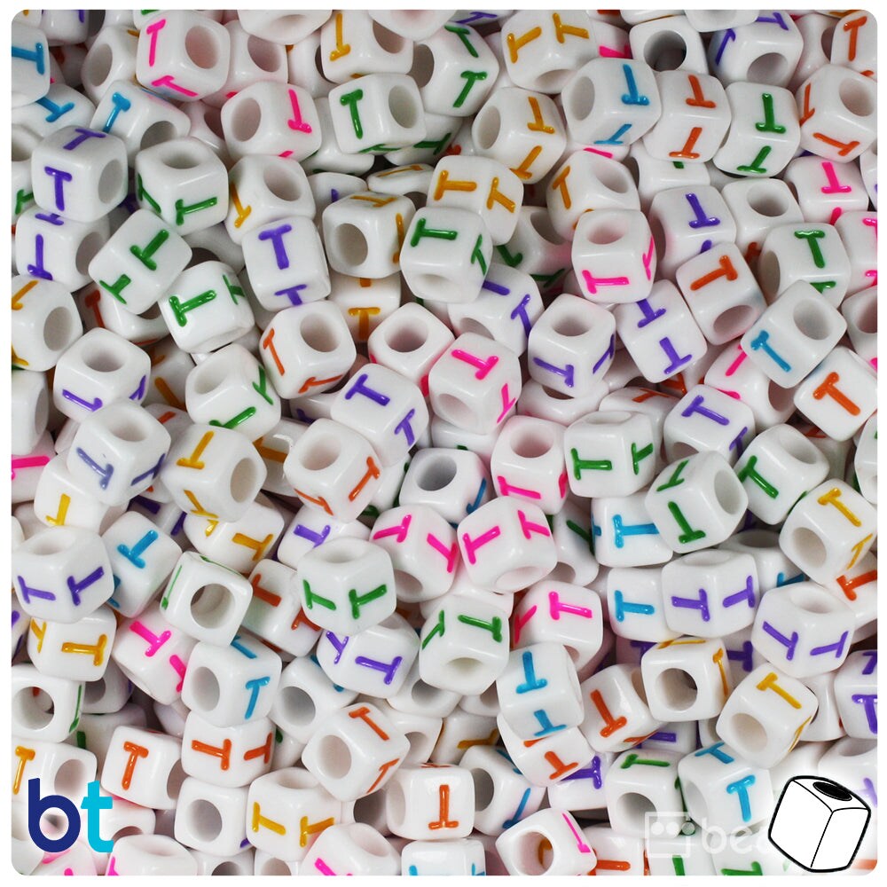BeadTin White Opaque 6mm Cube Plastic Alpha Beads - Colored Letter T (80pcs)