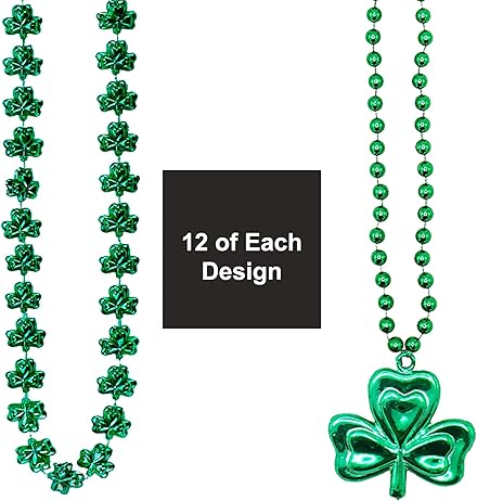 4E's Novelty St Patricks Day Beads Necklace (24 Pack) Bulk Green Beads Shamrock Necklaces, St Patricks Day Gifts Bulk, 33" Kids & Adults Party Favor Supplies Outfit Accessories
