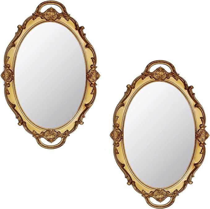 14.5 x 10 inchs Oval Antique Decorative Wall Mirror Vintage Hanging Mirror (Gold 2 Pcs)