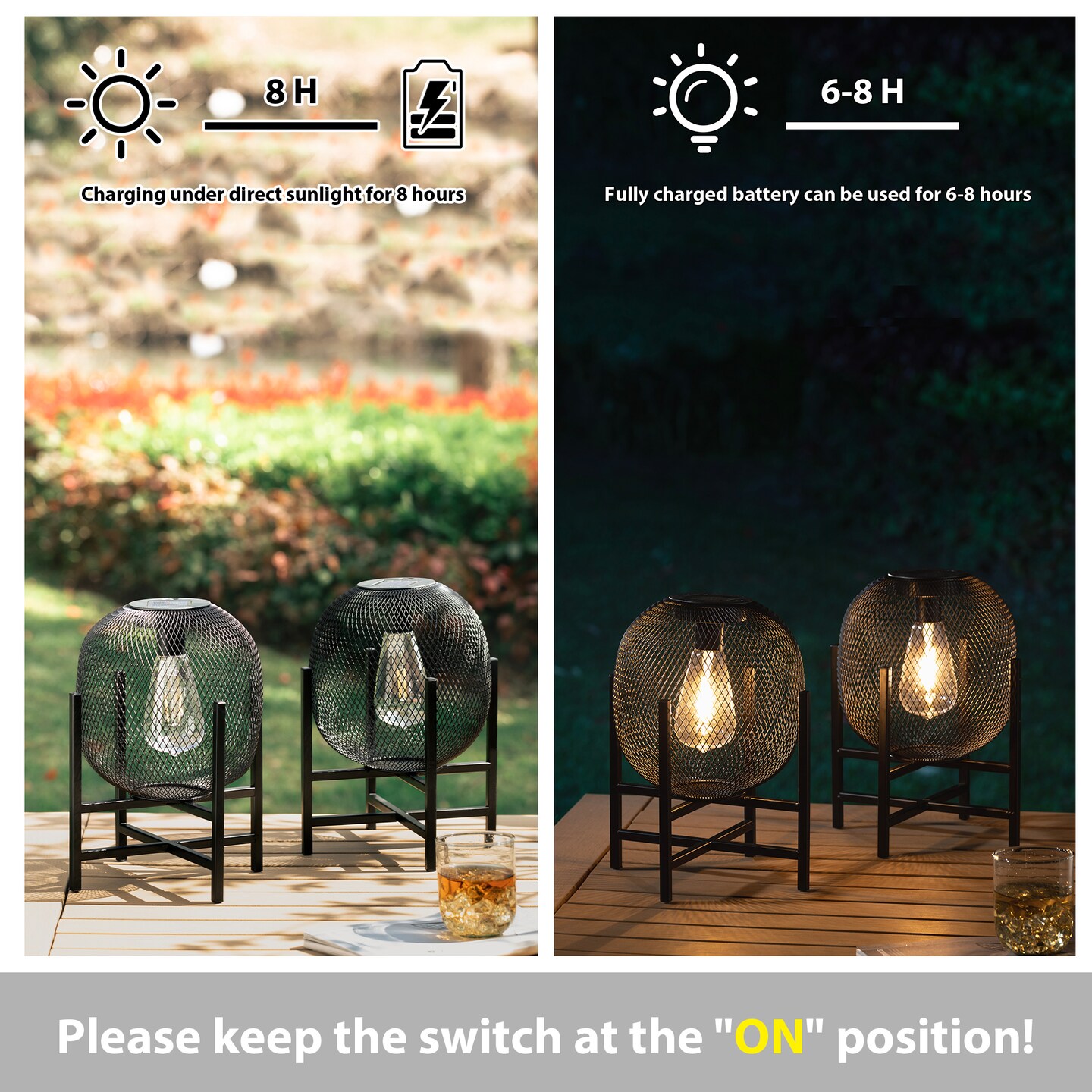 Set of 2 Black Metal Mesh Solar Powered Edison Bulb Outdoor Lantern with Stand