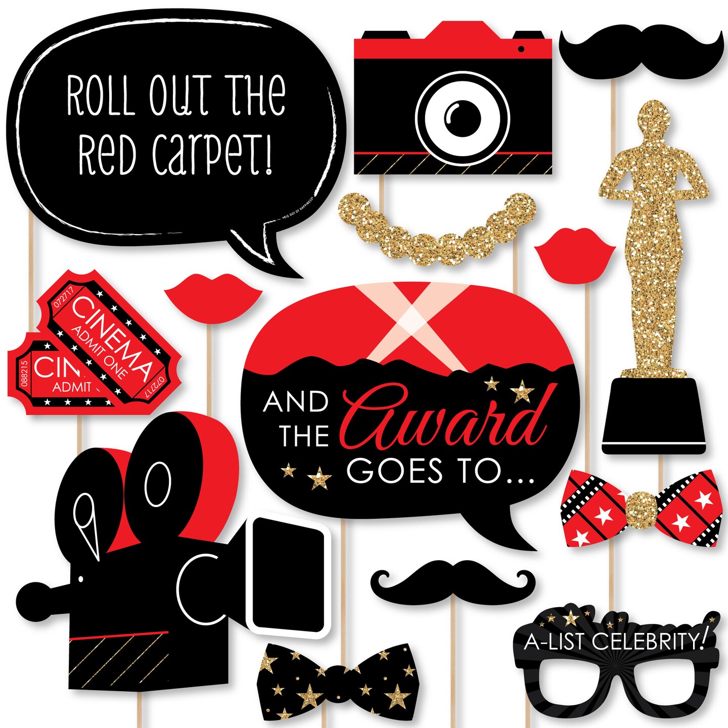 Big Dot of Happiness Red Carpet - Movie Night Party Photo Booth Props Kit - 20 Count