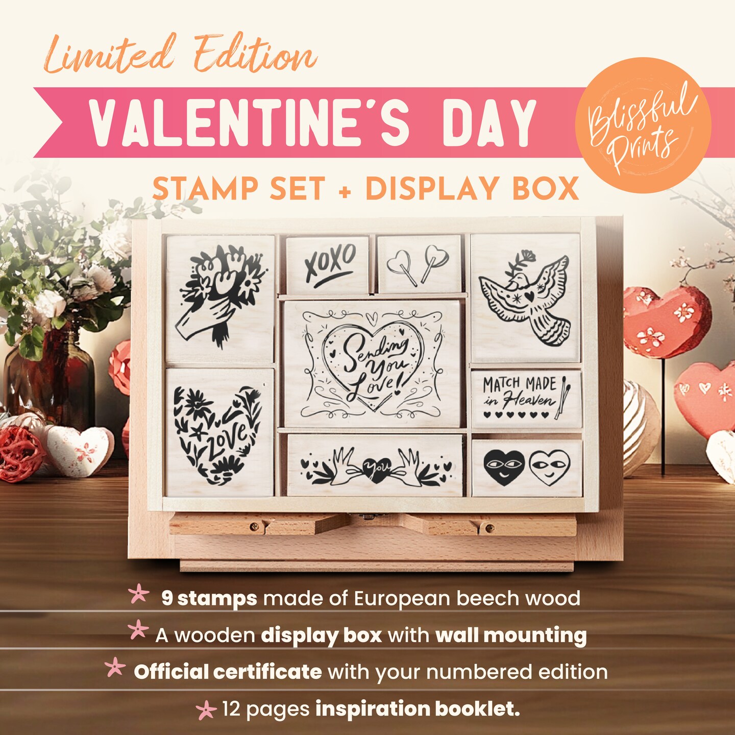 COLOP Blissful Prints ( LIMITED EDITION) Holiday Stamp Set, 9 Piece Giftable Valentine Stamp Set with Decorative Box, Stamps for Valentine Cards, Gift Tags, and Holiday Scrapbooking (Valentine)