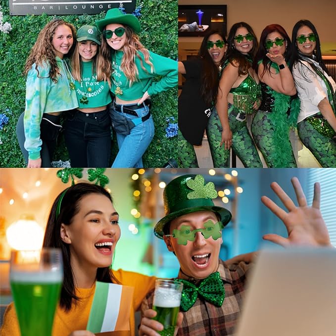 4E&#x27;s Novelty Set of 2 Green Sunglasses for Adults, Shamrock &#x26; Heart Shaped, St Patricks Day Glasses for Women &#x26; Men Party Outfit Accessories