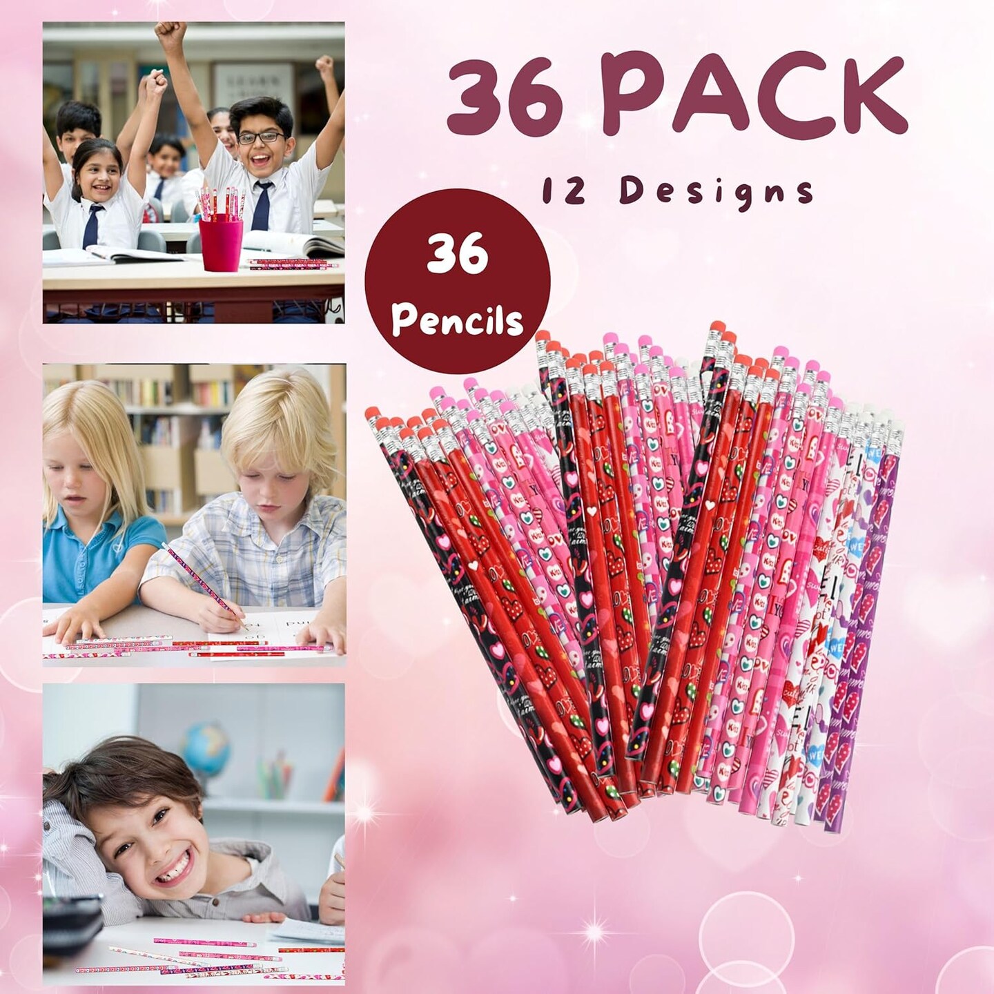 4E&#x27;s Novelty 36 Pack - Valentines Pencils for Kids, Bulk with Erasers, Heart Themed Party Favors