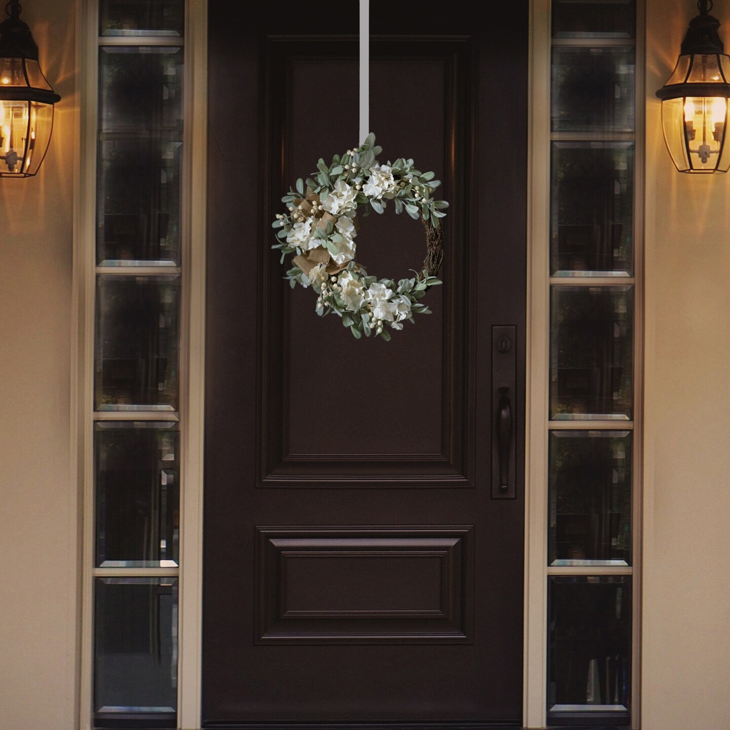 Haute Decor Grapevine Hydrangea Wreath with White Berries, Lamb&#x27;s Ear &#x26; Burlap Bow - Neutral Summer Wreath for Front Door Decor