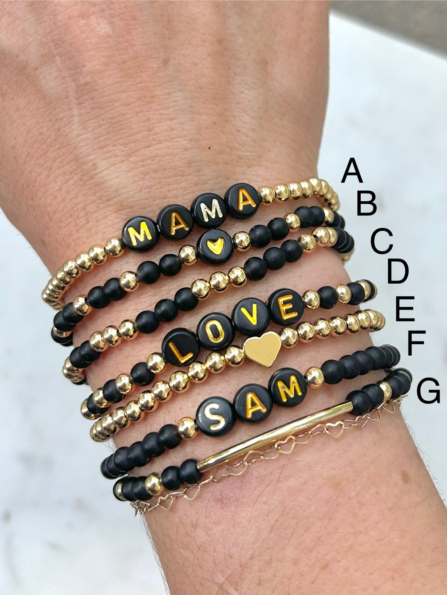 Black Agate Custom Beaded Name Bracelet, Personalized Word Bracelet Stack,  Kids Name Stretch Bracelet, Mama Bracelet Set, New Mom, style: Style A