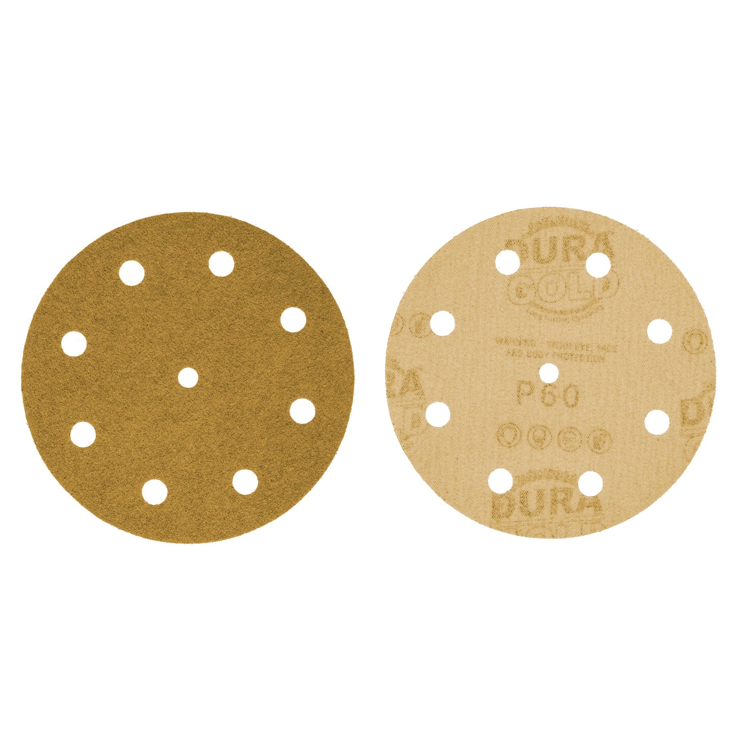 60 Grit - 5&#x22; Gold DA Sanding Discs - 9-Hole Pattern Hook and Loop - Box of 50
