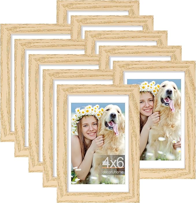 4x6 Picture Frame Set of 10, Display Photos 3.5x5 with Mat or 4x6 Unmatted for Picture Frames Collage Wall Decor, Natural