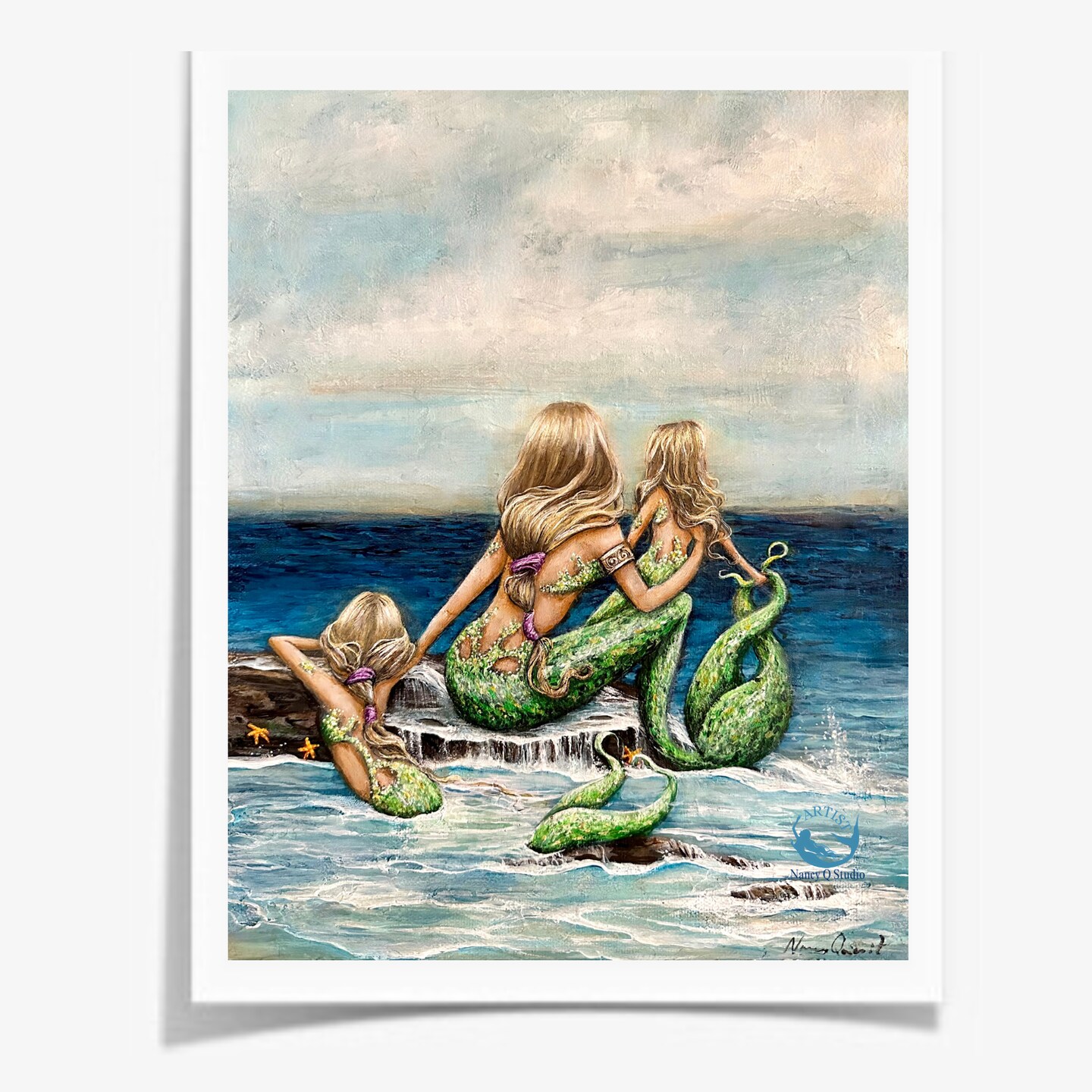 Mother two daughters mermaid wall art print made from painting