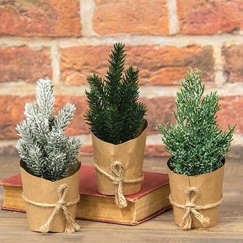 Brown Paper Wrapped Mini Christmas Tree 3 Asstd. with Jute Tie