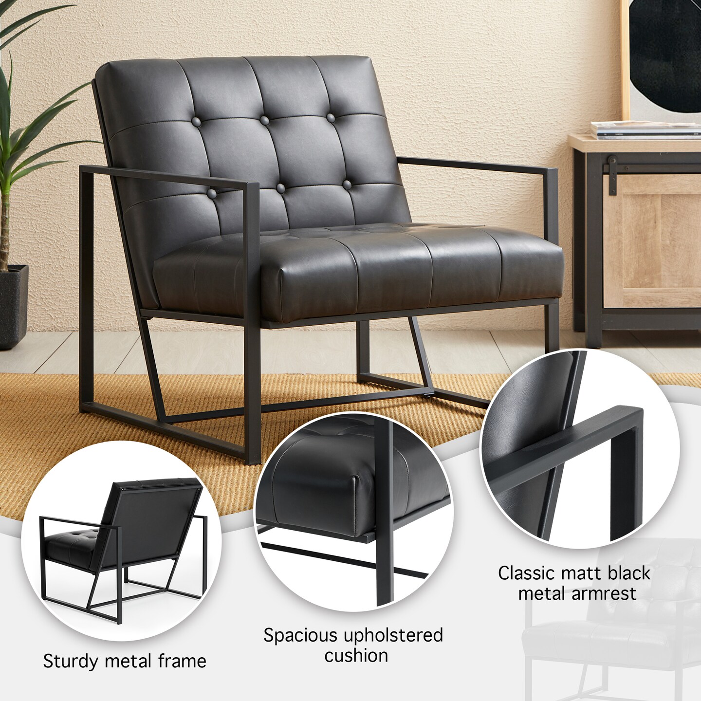 30.5&#x22;H Mid-Century Modern Leatherette Button-tufted Accent Arm Chair with Black Metal Frame