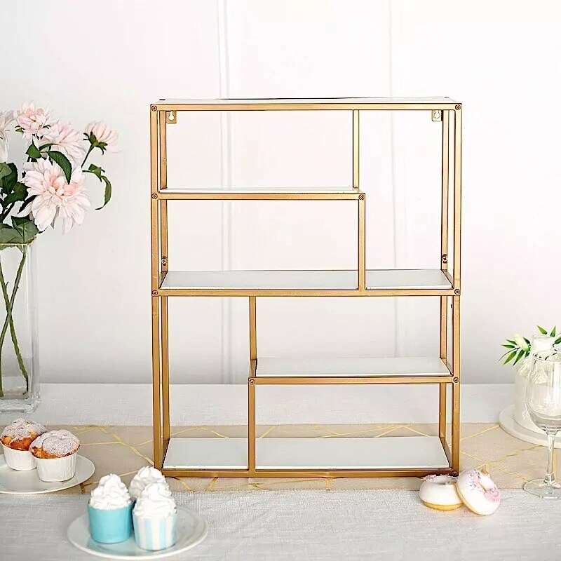 22 in Gold 4 Tier Rectangle Metal Geometric HANGING SHELF White Wood Party Home