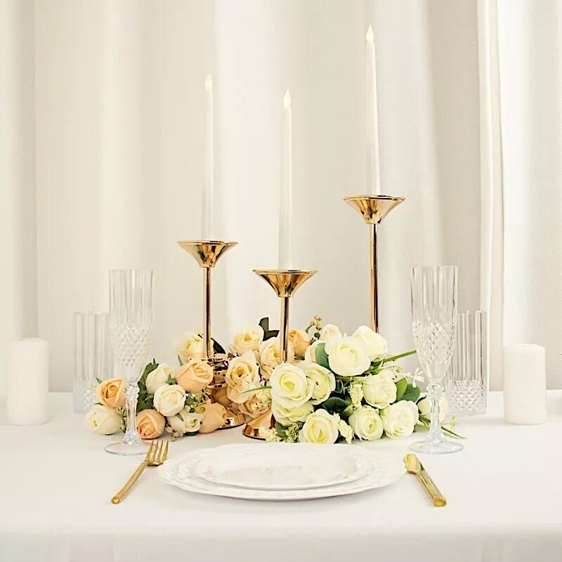 3 Gold Candlestick Stands 3-Disk Design Taper CANDLE HOLDERS Set Party Events