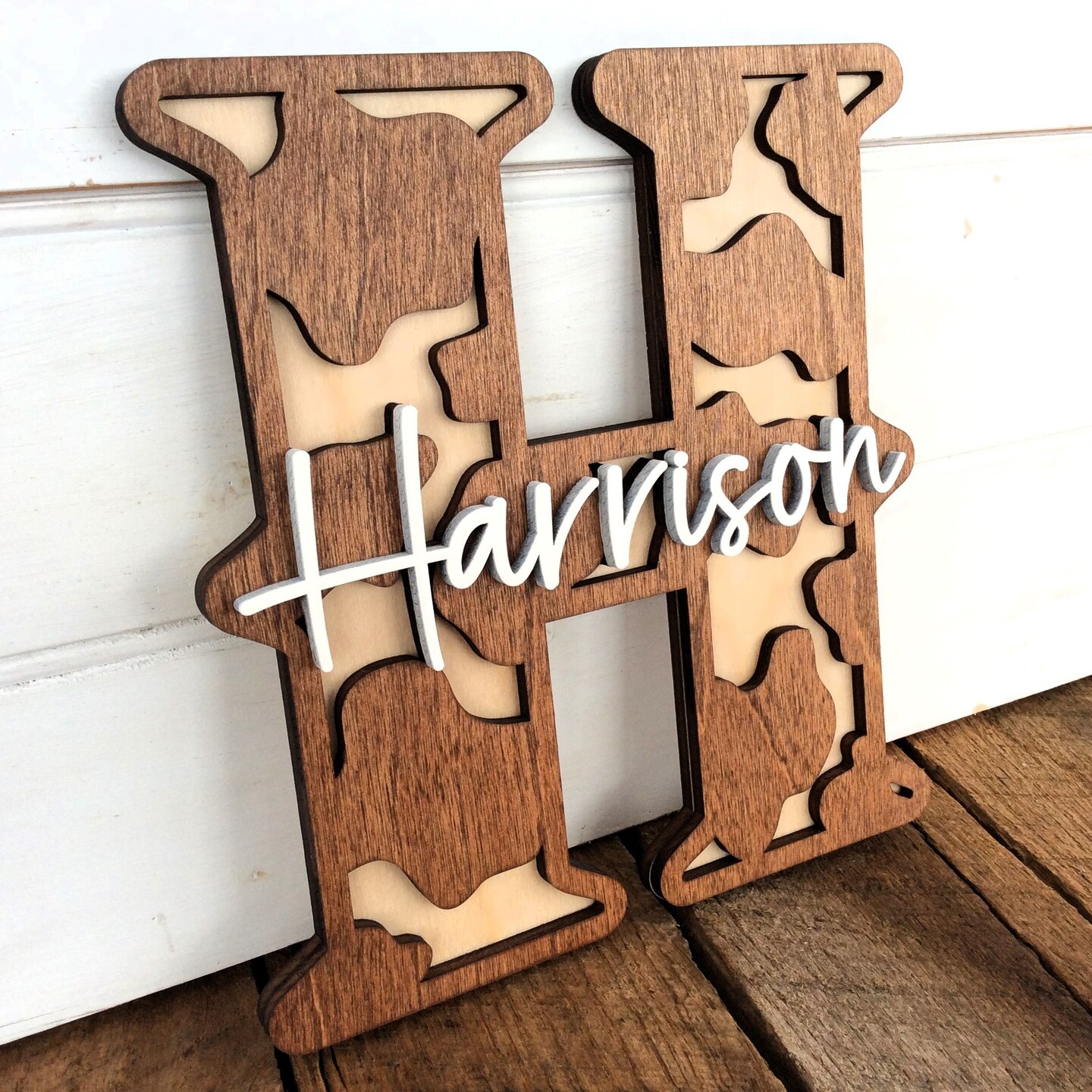 Personalized Cow Print Letter, Monogram Name Sign, Farmhouse Wall Decor,  size: 8 inches , name color: Wine, image size:1440x1440