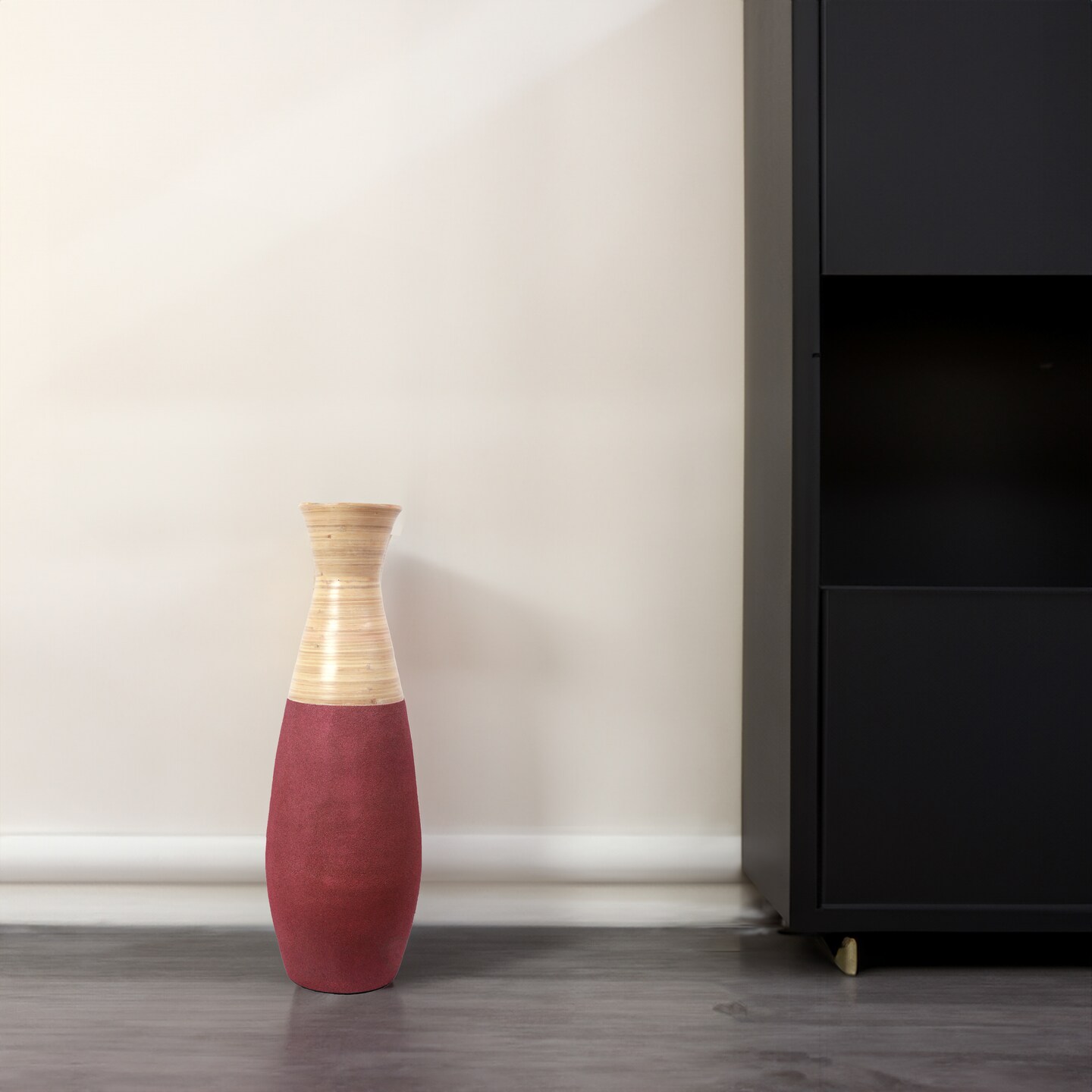 Set of 2 31.5" Tall Handcrafted Bamboo Floor Vase, Burgundy and Natural Finish, Decorative Accent, Large Floor Vase, Sustainable Bamboo, Living Room, Dining Room, Entryway Decor, Unique Home Accent