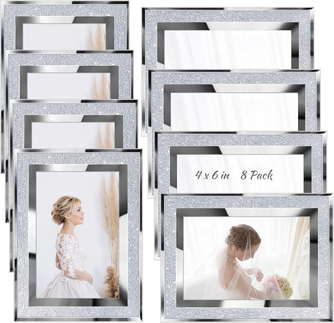 8 Pcs 4x6in Glitter Picture Frame Bulk Valentines Day Picture Frames Crystal Picture Frame Glitter Frame Crystal Photo Silver Crystal Picture Valentines Day Photo Frame(4 x 6 Inch)