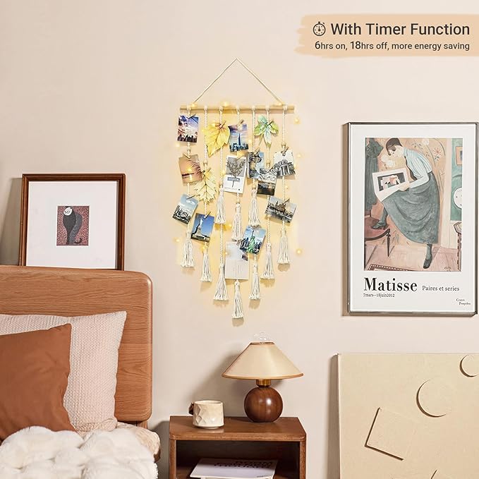 Hanging Photo Display Boho Macrame Wall Decor with Light, Teen Girl Teenage Gifts, Pictures Cards Frame Holder Art Hanger for Christmas Birthday Party Bedroom Dorm, with 30 Wood Clips, Ivory