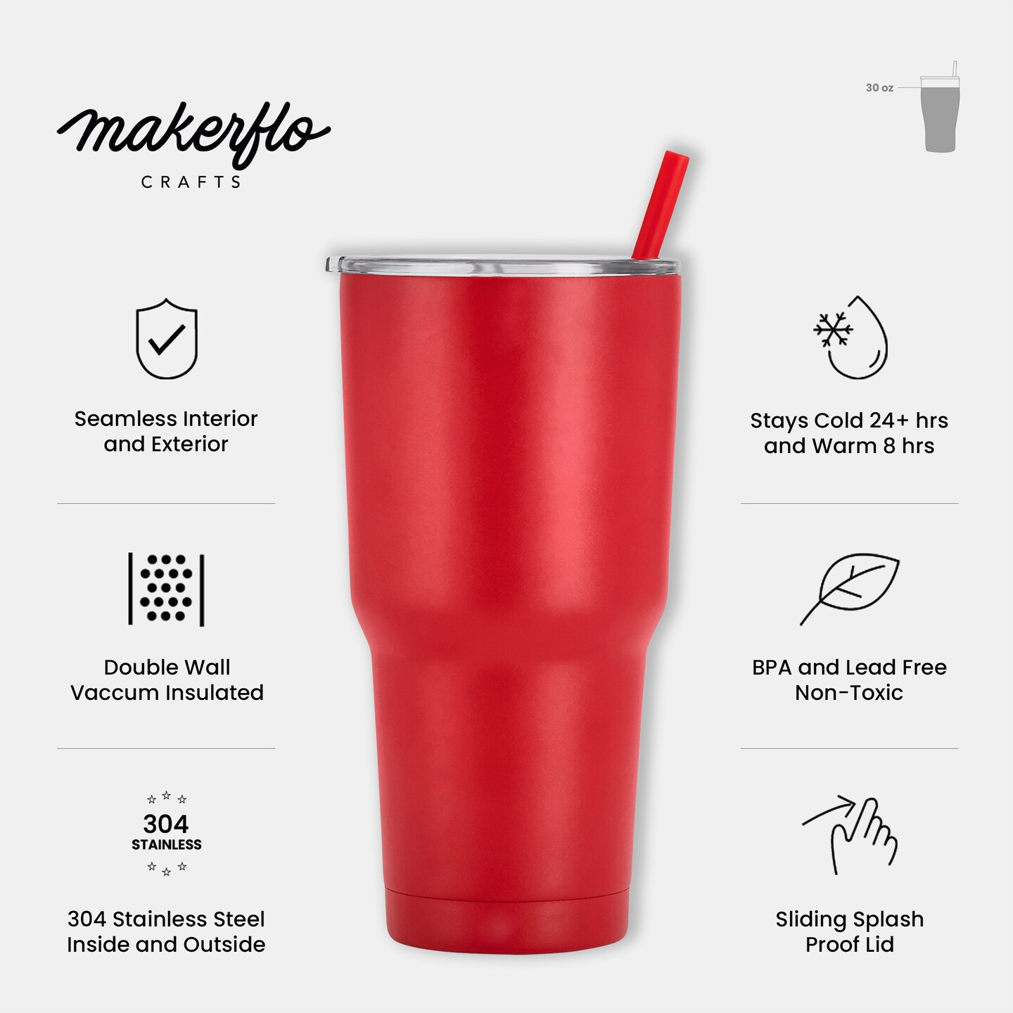 Makerflo 30 oz Powder Coated Tumbler and Handle Sold Separately, Includes a Sliding Splash &#x26; Leak Proof Lid, Ideal for Craft and Personalization (Laser Engraving, UV DTF, Epoxy, and Vinyl)