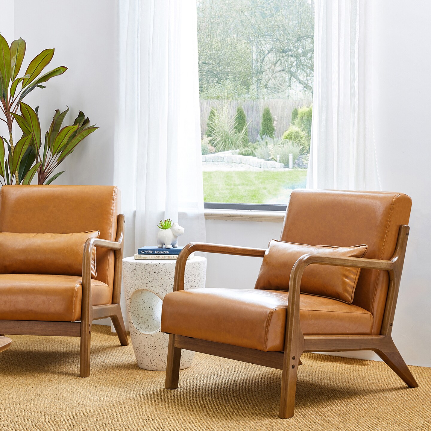 Set of 2 30.75&#x22;H Mid-Century Modern PU Leather Armchair Accent Chairs with Pillow