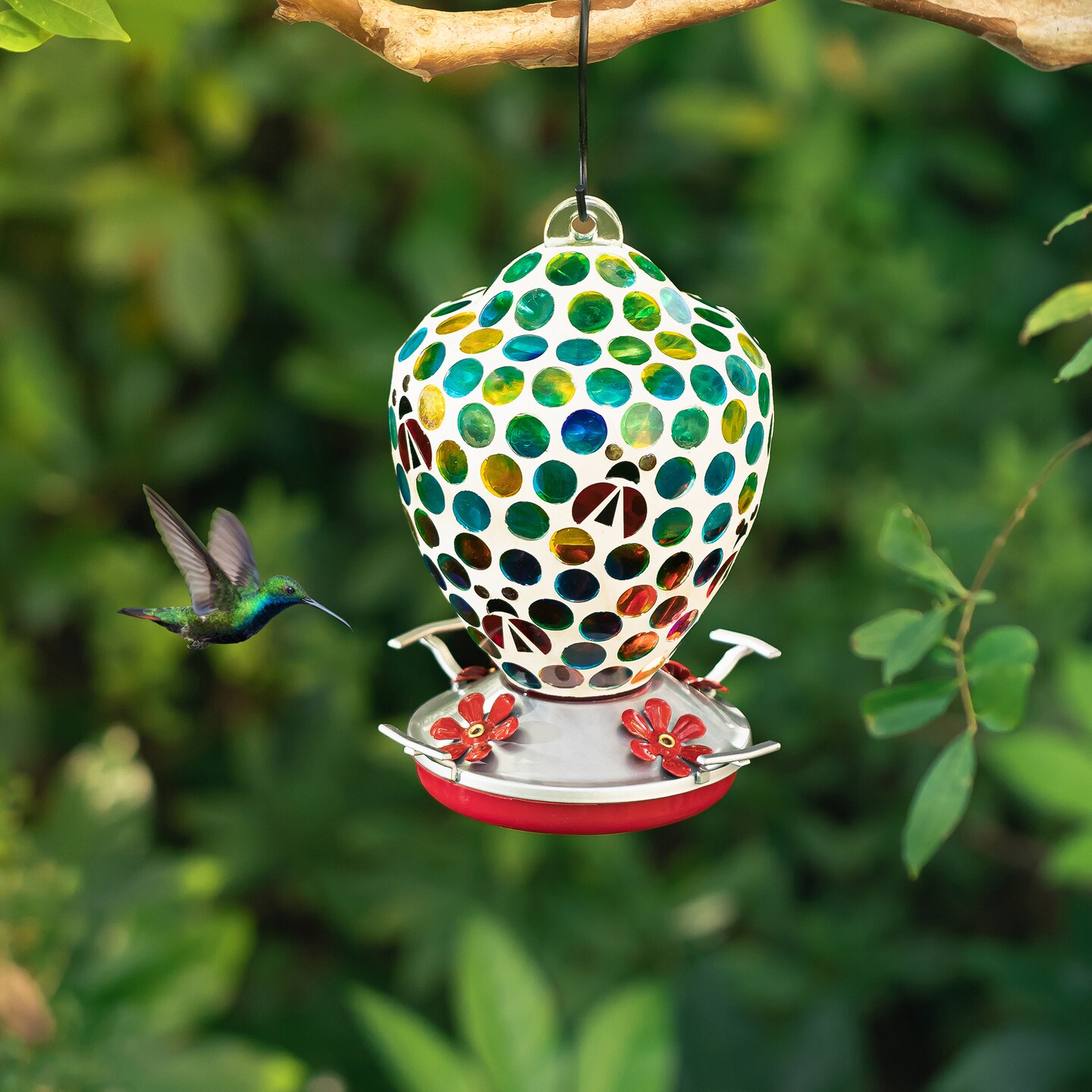 8.25&#x22;H Glass Hanging Blue/Green Dots &#x26; Ladybugs Mosaic Birdfeeder