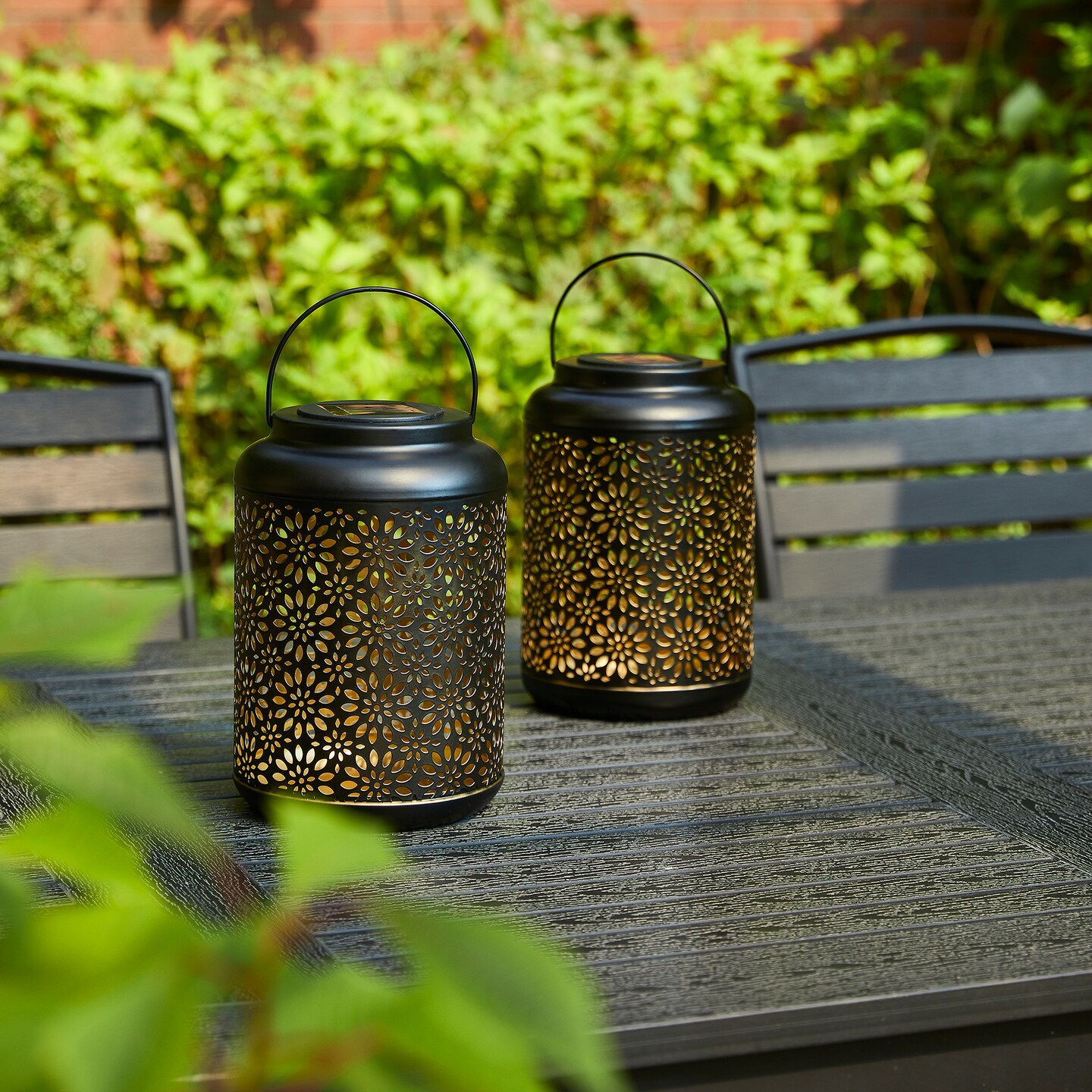 Set of 2/4 8.75"H Metal Cutout Flower Solar Powered Outdoor Hanging Lantern with LED Light